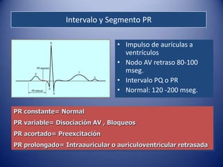 Intervalo y Segmento PR

                                • Impulso de aurículas a
                                  ventrículos
                                • Nodo AV retraso 80-100
                                  mseg.
                                • Intervalo PQ o PR
                                • Normal: 120 -200 mseg.

PR constante= Normal
PR variable= Disociación AV , Bloqueos
PR acortado= Preexcitación
PR prolongado= Intraauricular o auriculoventricular retrasada
 