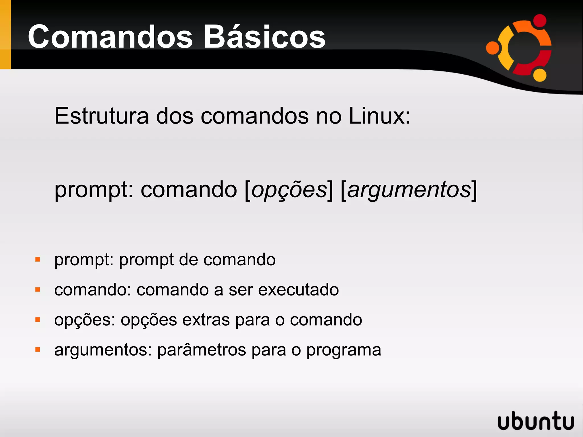 Comandos Básicos

    Estrutura dos comandos no Linux:


    prompt: comando [opções] [argumentos]

   prompt: prompt de comando
   comando: comando a ser executado
   opções: opções extras para o comando
   argumentos: parâmetros para o programa
 