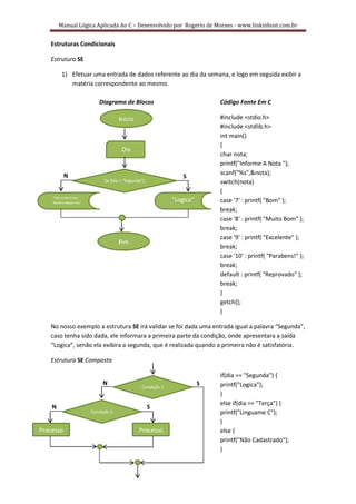 Manual Lógica Aplicada Ao C – Desenvolvido por Rogerio de Moraes - www.linkinhost.com.br


   Estruturas Condicionais

   Estrutura SE

         1) Efetuar uma entrada de dados referente ao dia da semana, e logo em seguida exibir a
            matéria correspondente ao mesmo.

                            Diagrama de Blocos                               Código Fonte Em C

                                      Inicio                                 #include <stdio.h>
                                                                             #include <stdlib.h>
                                                                             int main()
                                                                             {
                                       Dia
                                                                             char nota;
                                                                             printf("Informe A Nota ");
           N                                                                 scanf("%s",&nota);
                                                                  S
                               Se (Dia = “Segunda”)                          switch(nota)
                                                                             {
    “Não Cadastrada
    Matéria Nesse Dia“
                                                              “Logica”       case '7' : printf( "Bom" );
                                                                             break;
                                                                             case '8' : printf( "Muito Bom" );
                                                                             break;
                                                                             case '9' : printf( "Excelente" );
                                      Fim
                                                                             break;
                                                                             case '10' : printf( "Parabens!" );
                                                                             break;
                                                                             default : printf( "Reprovado" );
                                                                             break;
                                                                             }
                                                                             getch();
                                                                             }

   No nosso exemplo a estrutura SE irá validar se foi dada uma entrada igual a palavra “Segunda”,
   caso tenha sido dada, ele informara a primeira parte da condição, onde apresentara a saída
   “Logica”, senão ela exibira a segunda, que é realizada quando a primeira não é satisfatória.

   Estrutura SE Composta

                                                                             if(dia == "Segunda") {
                              N                                          S   printf("Logica");
                                                 Condição 1
                                                                             }
                                                                             else if(dia == "Terça") {
    N                                                 S
                         Condição 1                                          printf("Linguame C");
                                                                             }
Processo                                        Processo                     else {
                                                                             printf("Não Cadastrado");
                                                                             }
 