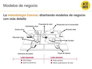 La metodología Canvas: diseñando modelos de negocio
con más detalle
Modelos de negocio
 