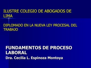 ILUSTRE COLEGIO DE ABOGADOS DE
LIMA

DIPLOMADO EN LA NUEVA LEY PROCESAL DEL
TRABAJO




 FUNDAMENTOS DE PROCESO
 LABORAL
 Dra. Cecilia L. Espinoza Montoya
 