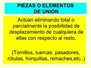 PIEZAS O ELEMENTOS
DE UNIÓN
Actúan eliminando total o
parcialmente la posibilidad de
desplazamiento de cualquiera de
ellas con respecto al resto.
(Tornillos, tuercas, pasadores,
rótulas, horquillas, remaches,etc..)
 