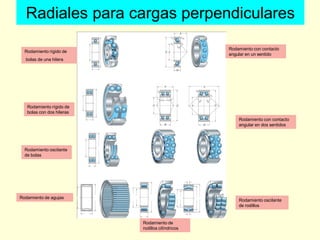 Radiales para cargas perpendiculares
Rodamiento rígido de
bolas de una hilera
Rodamiento con contacto
angular en un sentido
Rodamiento rígido de
bolas con dos hileras
Rodamiento oscilante
de bolas
Rodamiento con contacto
angular en dos sentidos
Rodamiento de agujas
Rodamiento de
rodillos cilíndricos
Rodamiento oscilante
de rodillos
 