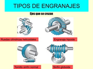 Ejes que se cruzan
Ruedas cilíndricas helicoidales Engranaje hipoide
Sinfín globoideTornillo sinfín normal
TIPOS DE ENGRANAJES
 
