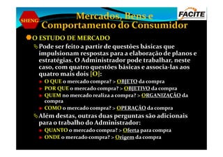 SHENG
Mercados, Bens e
Comportamento do Consumidor
O ESTUDO DE MERCADO
Pode ser feito a partir de questões básicas que
impulsionam respostas para a elaboração de planos e
estratégias. O Administrador pode trabalhar, neste
caso, com quatro questões básicas e associa-las aos
quatro mais dois [O]:
O QUE o mercado compra? > OBJETO da compraO QUE o mercado compra? > OBJETO da compra
POR QUE o mercado compra? > OBJETIVO da compra
QUEM no mercado realiza a compra? > ORGANIZAÇÃO da
compra
COMO o mercado compra? > OPERAÇÃO da compra
Além destas, outras duas perguntas são adicionais
para o trabalho do Administrador:
QUANTO o mercado compra? > Oferta para compra
ONDE o mercado compra? > Origem da compra
 