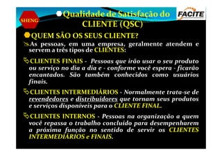 SHENG
Qualidade de Satisfação do
CLIENTE (QSC)
QUEM SÃO OS SEUS CLIENTE?
As pessoas, em uma empresa, geralmente atendem e
servem a três tipos de CLIENTES:
CLIENTES FINAIS - Pessoas que irão usar o seu produto
ou serviço no dia a dia e - conforme você espera - ficarão
encantados. São também conhecidos como usuários
finais.
encantados. São também conhecidos como usuários
finais.
CLIENTES INTERMEDIÁRIOS - Normalmente trata-se de
revendedores e distribuidores que tornam seus produtos
e serviços disponíveis para o CLIENTE FINAL.
CLIENTES INTERNOS - Pessoas na organização a quem
você repassa o trabalho concluído para desempenharem
a próxima função no sentido de servir os CLIENTES
INTERMEDIÁRIOS e FINAIS.
 