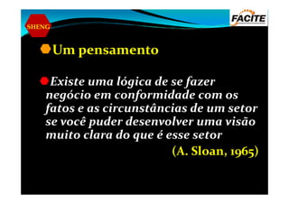 SHENG
Um pensamento
Existe uma lógica de se fazer
negócio em conformidade com os
fatos e as circunstâncias de um setorfatos e as circunstâncias de um setor
se você puder desenvolver uma visão
muito clara do que é esse setor
(A. Sloan, 1965)
 