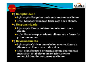 SHENG
3 Receptividade
Informação: Pesquisar onde encontrar o seu cliente.
Ação: Gerar aproximação física com o seu cliente.
4 Responsividade
Informação: Fazer contato comercial com o seu
cliente.
Ação: Gerar a resposta do seu cliente sob a forma da
primeira compra.
5 Relacionamento
Informação: Cultivar um relacionamento, fazer do
cliente um cliente para toda a vida.
Ação: Transformar a primeira compra em compras
sucessivas, estabelecer um relacionamento
comercial duradouro com o seu cliente.
 