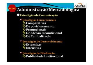 SHENG
Administração Mercadológica
Estratégias de Comunicação
Estratégias Concorrenciais
Comparativas
De posicionamento
Promocionais
De adesão IncondicionalDe adesão Incondicional
De Canibalização
Estratégias de Desenvolvimento
Extensivas
Intensivas
Estratégias de Fidelização
Publicidade Institucional
 