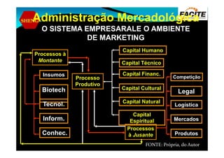 SHENG
Processos à
Montante
Processo
Capital Humano
Insumos
Capital Técnico
Capital Financ.
Competição
Administração MercadológicaAdministração Mercadológica
O SISTEMA EMPRESARALE O AMBIENTE
DE MARKETING
Processo
Produtivo
Processos
à Jusante
Biotech
.
Tecnol.
Inform.
Conhec.
Capital Cultural
Capital Natural
Produtos
Mercados
Logística
Legal
Competição
Capital
Espiritual
FONTE: Própria, do Autor
 