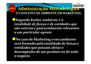 SHENG
Administração Mercadológica
O CONCEITO DE AMBIENTE EM MARKETING
Segundo Kotler, ambiente é a
totalidade de forças e de entidades que
são externa e potencialmente relevantes
a um particular agente.a um particular agente.
No caso de Marketing o seu ambiente
será formado pela totalidade de forças e
entidades que possam afetar o
desempenho de um produto ou de todo
o negócio
 