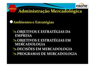 SHENG
Administração Mercadológica
Ambientes e Estratégias
OBJETIVOS E ESTRATÉGIAS DA
EMPRESA
OBJETIVOS E ESTRATÉGIAS DA
EMPRESA
OBJETIVOS E ESTRATÉGIAS EM
MERCADOLOGIA
DECISÕES EM MERCADOLOGIA
PROGRAMAS DE MERCADOLOGIA
 