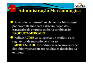 SHENG
Administração Mercadológica
De acordo com Ansoff, os elementos básicos que
podem contribuir para a determinação das
estratégias da empresa estão na combinação
PRODUTO-MERCADOPRODUTO-MERCADO
Dedicar AÇÕES às categorias de produto e aos
segmentos de mercado permite ao
EMPREENDEDOR conduzir o negócio ao alcance
dos objetivos e assim aos resultados desejados da
empresa
 