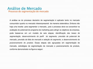 A análise se do processo decisório de segmentação é aplicado tanto no mercado
consumidor quanto no mercado interempresarial de maneira sistemática. Embora não
haja uma receita para segmentar o mercado,, pois o processo deve se concentrar na
avaliação do potencial do programa de marketing para atingir os objetivos da empresa,
pode basear-se em um modelo de seis etapas; identificação das bases de
segmentação, desenvolvimento do perfil do segmento, previsão de potencial de
mercado, previsão da fatia de mercado e seleção do segmento, e desenvolvimento do
posicionamento do produto. Essas etapas são agrupadas em segmentação de
mercado, estratégias de segmentação de mercado e posicionamento de produto,
conforme demonstrado na figura a seguir.
Análise de Mercado
Processo de segmentação de mercado
 