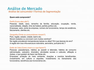 Análise de Mercado
Análise de consumidor l Formas de Segmentação
Quem está comprando?
Perfil (Como eles são?)
Pessoas: idade, sexo, tamanho da família, educação, ocupação, renda,
nacionalidade, religião, time de futebol, partido político etc.
Empresas: setor, porte da empresa, número de funcionários, tempo de existência,
faturamento, clientes etc.
Geografia (Onde os consumidores moram?)
País, região, estado, cidade, bairro etc.
Moram isolados ou convivem com muitos vizinhos?
Na região prevalecem temperaturas baixas ou altas? Em que épocas do ano?
A região tem boa infra-estrutura rodoviária, aeroviária, portuária etc.?
Estilo de Vida (Como vivem e o que fazem?)
Pessoas: passatempos, hábitos ao assistir à televisão, hábitos de consumo
(alimentação, vestuário, diversão), atividades sociais e culturais, afiliação a
clubes, o que gostam de fazer nas férias etc.
Empresas: proteção do meio ambiente, doações a eventos beneficentes,
investimento em cultura e esportes, investimento no treinamento dos
funcionários, benefícios aos funcionários etc.
 
