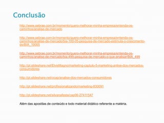 http://www.sebrae.com.br/momento/quero-melhorar-minha-empresa/entenda-os-
caminhos/analise-de-mercado
http://www.sebrae.com.br/momento/quero-melhorar-minha-empresa/entenda-os-
caminhos/analise-de-mercado/bia-100-05-pesquisa-de-mercado-estimula-o-crescimento-
do/BIA_10005
http://www.sebrae.com.br/momento/quero-melhorar-minha-empresa/entenda-os-
caminhos/analise-de-mercado/bia-499-pesquisa-de-mercado-o-que-analisar/BIA_499
http://pt.slideshare.net/ElvisMagno/marketing-captulo-5-marketing-anlise-dos-mercados-
consumidores
http://pt.slideshare.net/ocap/analise-dos-mercados-consumidores
http://pt.slideshare.net/profissionalizando/marketing-830091
http://pt.slideshare.net/silvanafesta/cap06-27411547
Além das apostilas de conteúdo e todo material didático referente a matéria.
Conclusão
 