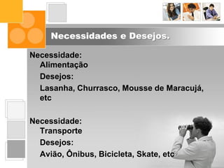Necessidades e Desejos.
Necessidade:
Alimentação
Desejos:
Lasanha, Churrasco, Mousse de Maracujá,
etc
Necessidade:
Transporte
Desejos:
Avião, Ônibus, Bicicleta, Skate, etc
 