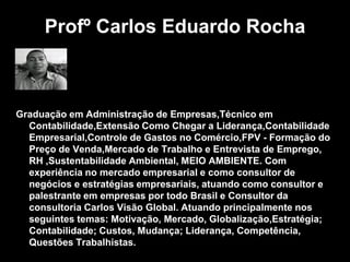 Profº Carlos Eduardo Rocha
Graduação em Administração de Empresas,Técnico em
Contabilidade,Extensão Como Chegar a Liderança,Contabilidade
Empresarial,Controle de Gastos no Comércio,FPV - Formação do
Preço de Venda,Mercado de Trabalho e Entrevista de Emprego,
RH ,Sustentabilidade Ambiental, MEIO AMBIENTE. Com
experiência no mercado empresarial e como consultor de
negócios e estratégias empresariais, atuando como consultor e
palestrante em empresas por todo Brasil e Consultor da
consultoria Carlos Visão Global. Atuando principalmente nos
seguintes temas: Motivação, Mercado, Globalização,Estratégia;
Contabilidade; Custos, Mudança; Liderança, Competência,
Questões Trabalhistas.
 