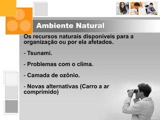 Ambiente Natural
Os recursos naturais disponíveis para a
organização ou por ela afetados.
- Tsunami.
- Problemas com o clima.
- Camada de ozônio.
- Novas alternativas (Carro a ar
comprimido)
 