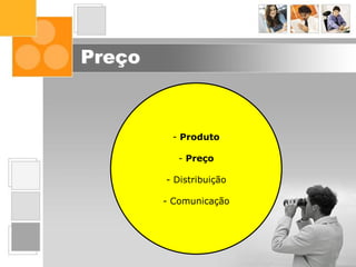 Preço
Interface do
Marketing nas
Organizações
Posicionamento
Segmentação
de Mercado
Inteligência
de Marketing
Comportamento
do Consumidor
O Ambiente
de Marketing
Composto
de Marketing
O Conceito de
Marketing
Fundamentos
de Marketing
- Produto
- Preço
- Distribuição
- Comunicação
 