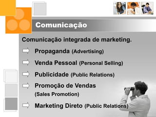 Comunicação
Comunicação integrada de marketing.
Propaganda (Advertising)
Venda Pessoal (Personal Selling)
Publicidade (Public Relations)
Promoção de Vendas
(Sales Promotion)
Marketing Direto (Public Relations)
 