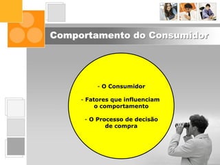 Comportamento do Consumidor
Interface do
Marketing nas
Organizações
Posicionamento
Segmentação
de Mercado
Inteligência
de Marketing
Comportamento
do Consumidor
O Ambiente
de Marketing
Composto
de Marketing
O Conceito de
Marketing
Fundamentos
de Marketing
- O Consumidor
- Fatores que influenciam
o comportamento
- O Processo de decisão
de compra
 