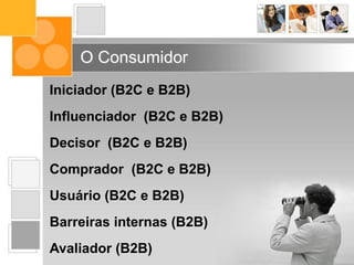 Iniciador (B2C e B2B)
Influenciador (B2C e B2B)
Decisor (B2C e B2B)
Comprador (B2C e B2B)
Usuário (B2C e B2B)
Barreiras internas (B2B)
Avaliador (B2B)
O Consumidor
 