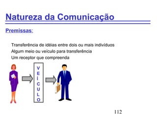 112
Natureza da Comunicação
Premissas:
Transferência de idéias entre dois ou mais indivíduos
Algum meio ou veículo para transferência
Um receptor que compreenda
V
E
Í
C
U
L
O
 