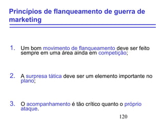 120
Princípios de flanqueamento de guerra de
marketing
1. Um bom movimento de flanqueamento deve ser feito
sempre em uma área ainda em competição;
2. A surpresa tática deve ser um elemento importante no
plano;
3. O acompanhamento é tão crítico quanto o próprio
ataque.
 