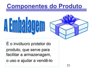 23
Componentes do Produto
É o invólucro protetor do
produto, que serve para
facilitar a armazenagem,
o uso e ajudar a vendê-lo
 