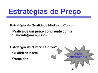 39
Estratégias de Preço
Estratégia de Qualidade Média ou Comum
•Prática de um preço condizente com a
qualidade(preço justo)
Estratégia de “Bater e Correr”
•Qualidade baixa
•Preço alto
AÇÃO
PREDATÓRIA
AÇÃO
PREDATÓRIA
 