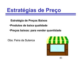 41
Estratégias de Preço
Estratégia de Preços Baixos
•Produtos de baixa qualidade
•Preços baixos: para vender quantidade
Obs: Feira da Sulanca
 