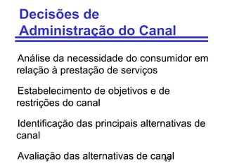 49
Decisões de
Administração do Canal
Análise da necessidade do consumidor em
relação à prestação de serviços
Estabelecimento de objetivos e de
restrições do canal
Identificação das principais alternativas de
canal
Avaliação das alternativas de canal
 
