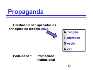55
Propaganda
Geralmente são aplicados os
princípios do modelo AIDA.
Pode-se ser: Promocional
Institucional
A
I
D
A
Tenção
nteresse
esejo
ção
 