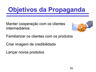 56
Objetivos da Propaganda
Manter cooperação com os clientes
intermediários
Familiarizar os clientes com os produtos
Criar imagem de credibilidade
Lançar novos produtos
 