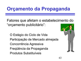 63
Orçamento da Propaganda
Fatores que afetam o estabelecimento do
“orçamento publicitário”:
O Estágio do Ciclo de Vida
Participação de Mercado almejada
Concorrência Agressiva
Freqüência da Propaganda
Produtos Substituíveis
 