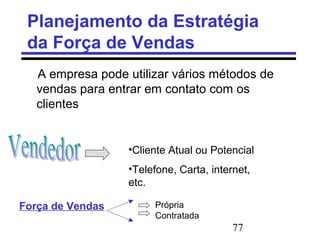 77
Planejamento da Estratégia
da Força de Vendas
A empresa pode utilizar vários métodos de
vendas para entrar em contato com os
clientes
•Cliente Atual ou Potencial
•Telefone, Carta, internet,
etc.
Força de Vendas Própria
Contratada
 