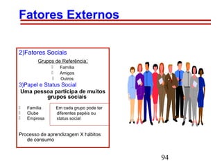 94
Fatores Externos
2)Fatores Sociais
Grupos de Referência:
 Família
 Amigos
 Outros
3)Papel e Status Social
Uma pessoa participa de muitos
grupos sociais
 Família Em cada grupo pode ter
 Clube diferentes papéis ou
 Empresa status social
Processo de aprendizagem X hábitos
de consumo
 