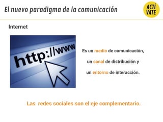 Internet
Es un medio de comunicación,
un canal de distribución y
un entorno de interacción.
Las redes sociales son el eje complementario.
El nuevo paradigma de la comunicación
 