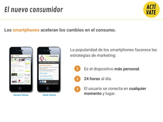 La popularidad de los smartphones favorece las
estrategias de marketing:
Los smartphones aceleran los cambios en el consumo.
Es el dispositivo más personal.
24 horas al día.
El usuario se conecta en cualquier
momento y lugar.
1
3
2
El nuevo consumidor
 
