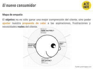 El objetivo no es sólo ganar una mejor comprensión del cliente, sino poder
ajustar nuestra propuesta de valor a las aspiraciones, frustraciones y
necesidades reales del cliente.
Mapa de empatía
Fuente: javiermegias.com
El nuevo consumidor
 