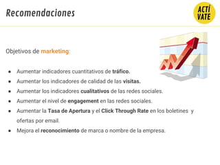Objetivos de marketing:
● Aumentar indicadores cuantitativos de tráfico.
● Aumentar los indicadores de calidad de las visitas.
● Aumentar los indicadores cualitativos de las redes sociales.
● Aumentar el nivel de engagement en las redes sociales.
● Aumentar la Tasa de Apertura y el Click Through Rate en los boletines y
ofertas por email.
● Mejora el reconocimiento de marca o nombre de la empresa.
Recomendaciones
 