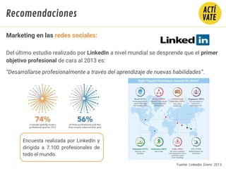 Fuente: Linkedin, Enero 2013.
Del último estudio realizado por LinkedIn a nivel mundial se desprende que el primer
objetivo profesional de cara al 2013 es:
“Desarrollarse profesionalmente a través del aprendizaje de nuevas habilidades”.
Marketing en las redes sociales:
Encuesta realizada por LinkedIn y
dirigida a 7.100 profesionales de
todo el mundo.
Recomendaciones
 