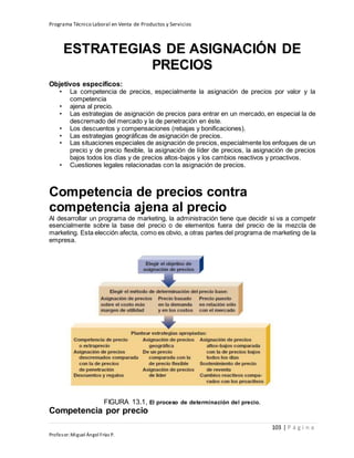 Programa Técnico Laboral en Venta de Productos y Servicios
103 | P á g i n a
Profesor:Miguel Ángel Frías P.
ESTRATEGIAS DE ASIGNACIÓN DE
PRECIOS
Objetivos específicos:
• La competencia de precios, especialmente la asignación de precios por valor y la
competencia
• ajena al precio.
• Las estrategias de asignación de precios para entrar en un mercado, en especial la de
descremado del mercado y la de penetración en éste.
• Los descuentos y compensaciones (rebajas y bonificaciones).
• Las estrategias geográficas de asignación de precios.
• Las situaciones especiales de asignación de precios, especialmente los enfoques de un
precio y de precio flexible, la asignación de líder de precios, la asignación de precios
bajos todos los días y de precios altos-bajos y los cambios reactivos y proactivos.
• Cuestiones legales relacionadas con la asignación de precios.
Competencia de precios contra
competencia ajena al precio
Al desarrollar un programa de marketing, la administración tiene que decidir si va a competir
esencialmente sobre la base del precio o de elementos fuera del precio de la mezcla de
marketing. Esta elección afecta, como es obvio, a otras partes del programa de marketing de la
empresa.
FIGURA 13.1, El proceso de determinación del precio.
Competencia por precio
 