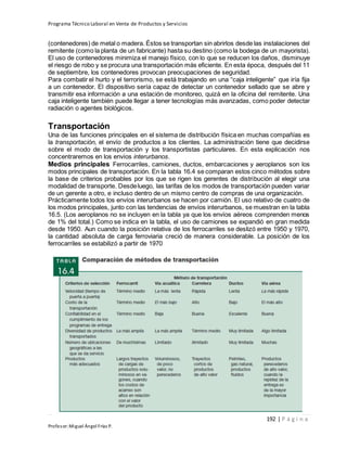 Programa Técnico Laboral en Venta de Productos y Servicios
192 | P á g i n a
Profesor:Miguel Ángel Frías P.
(contenedores) de metal o madera. Éstos se transportan sin abrirlos desde las instalaciones del
remitente (como la planta de un fabricante) hasta su destino (como la bodega de un mayorista).
El uso de contenedores minimiza el manejo físico, con lo que se reducen los daños, disminuye
el riesgo de robo y se procura una transportación más eficiente. En esta época, después del 11
de septiembre, los contenedores provocan preocupaciones de seguridad.
Para combatir el hurto y el terrorismo, se está trabajando en una “caja inteligente” que iría fija
a un contenedor. El dispositivo sería capaz de detectar un contenedor sellado que se abre y
transmitir esa información a una estación de monitoreo, quizá en la oficina del remitente. Una
caja inteligente también puede llegar a tener tecnologías más avanzadas, como poder detectar
radiación o agentes biológicos.
Transportación
Una de las funciones principales en el sistema de distribución física en muchas compañías es
la transportación, el envío de productos a los clientes. La administración tiene que decidirse
sobre el modo de transportación y los transportistas particulares. En esta explicación nos
concentraremos en los envíos interurbanos.
Medios principales Ferrocarriles, camiones, ductos, embarcaciones y aeroplanos son los
modos principales de transportación. En la tabla 16.4 se comparan estos cinco métodos sobre
la base de criterios probables por los que se rigen los gerentes de distribución al elegir una
modalidad de transporte. Desdeluego, las tarifas de los modos de transportación pueden variar
de un gerente a otro, e incluso dentro de un mismo centro de compras de una organización.
Prácticamente todos los envíos interurbanos se hacen por camión. El uso relativo de cuatro de
los modos principales, junto con las tendencias de envíos interurbanos, se muestran en la tabla
16.5. (Los aeroplanos no se incluyen en la tabla ya que los envíos aéreos comprenden menos
de 1% del total.) Como se indica en la tabla, el uso de camiones se expandió en gran medida
desde 1950. Aun cuando la posición relativa de los ferrocarriles se deslizó entre 1950 y 1970,
la cantidad absoluta de carga ferroviaria creció de manera considerable. La posición de los
ferrocarriles se estabilizó a partir de 1970
 