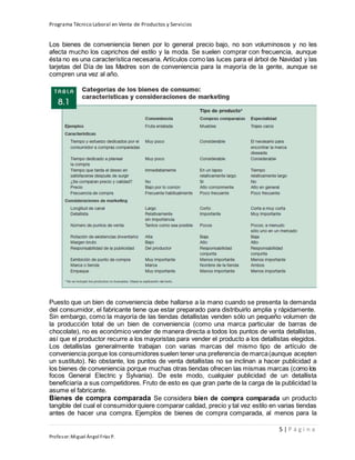 Programa Técnico Laboral en Venta de Productos y Servicios
5 | P á g i n a
Profesor:Miguel Ángel Frías P.
Los bienes de conveniencia tienen por lo general precio bajo, no son voluminosos y no les
afecta mucho los caprichos del estilo y la moda. Se suelen comprar con frecuencia, aunque
ésta no es una característica necesaria. Artículos como las luces para el árbol de Navidad y las
tarjetas del Día de las Madres son de conveniencia para la mayoría de la gente, aunque se
compren una vez al año.
Puesto que un bien de conveniencia debe hallarse a la mano cuando se presenta la demanda
del consumidor, el fabricante tiene que estar preparado para distribuirlo amplia y rápidamente.
Sin embargo, como la mayoría de las tiendas detallistas venden sólo un pequeño volumen de
la producción total de un bien de conveniencia (como una marca particular de barras de
chocolate), no es económico vender de manera directa a todos los puntos de venta detallistas,
así que el productor recurre a los mayoristas para vender el producto a los detallistas elegidos.
Los detallistas generalmente trabajan con varias marcas del mismo tipo de artículo de
conveniencia porque los consumidores suelen tener una preferencia de marca(aunque acepten
un sustituto). No obstante, los puntos de venta detallistas no se inclinan a hacer publicidad a
los bienes de conveniencia porque muchas otras tiendas ofrecen las mismas marcas (como los
focos General Electric y Sylvania). De este modo, cualquier publicidad de un detallista
beneficiaría a sus competidores. Fruto de esto es que gran parte de la carga de la publicidad la
asume el fabricante.
Bienes de compra comparada Se considera bien de compra comparada un producto
tangible del cual el consumidorquiere comparar calidad, precio y tal vez estilo en varias tiendas
antes de hacer una compra. Ejemplos de bienes de compra comparada, al menos para la
 