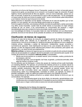 Programa Técnico Laboral en Venta de Productos y Servicios
7 | P á g i n a
Profesor:Miguel Ángel Frías P.
disponible en la forma del Segway Human Transporter, puede ser un bien no buscado para la
mayoría de la gente, ya sea porque no lo conocen o no lo quieren luego de conocerlo. El papel
higiénico hecho estrictamente de fibra de algodón, como la marca Cottonelle, parece ser un
bien no buscado. A pesar de un comercial en el cual un rollo de papel dice: “Yo he conseguido
un toque suave de seda que incluso tú puedes sentir”, pocos consumidores saben del producto
y son todavía menos los que lo buscan en la tienda.
Otros productos no deseados son las lápidas mortuorias (en el caso de aquellos que no han
perdido a un ser querido), así como las llantas para la nieve en el verano.
Como lo sugiere el nombre, una empresa enfrenta una tarea de publicidad y ventas personales
muy difícil, acaso imposible, cuando trata de vender bienes no buscados. El mejor enfoque
consiste tal vez en poner a los consumidores en conocimiento del producto y seguir
recordándoselo para que compren la marca anunciada cuando surja la necesidad.
Los mercadólogos de bienes no buscados tratan de crear familiaridad con sus ofrecimientos
poniendo anuncios en las bancas de las paradas de autobús o en los boletines eclesiásticos.
Clasificación de bienes de negocios
Como en el caso de los bienes de consumo, la categoría general de bienes de negocios es
demasiado amplia para utilizarla en el desarrollo de un programa de marketing. En
consecuencia,comose ve en la tabla 8.2, dividimos los bienes de negocios en cinco categorías:
materias primas, materiales y partes de fabricación, instalaciones, equipo accesorio y
suministros de operación. Esta clasificación se basa en los usos amplios del producto. Por
ejemplo, un bien de negocios puede utilizarse para producir otros productos, para operar una
organización, y en otras formas que analizaremos.
Materias primas Los bienes de negocios que se convierten en parte de otro producto tangible
antes de ser procesados en cualquier otra forma (excepto si son necesarios para ayudar en el
manejo del producto) se consideran materias primas y comprenden:
• Bienes que se encuentran en su estado natural, como minerales, suelos y productos de
los bosques y del mar.
• Productos agrícolas, comoel algodón, las frutas, el ganado, y productos animales, entre
ellos los huevos y la leche cruda.
Por los atributos que los distinguen, a estos dos grupos de materias primas suele hacérseles
un marketing diferente. Por ejemplo, el suministro de materias primas en su estado natural es
limitado, no se puede acrecentar en grado considerable, y por lo común proviene sólo de unos
cuantos grandes productores. Más aún, tales productos en general pueden tomar una
naturaleza de bien (comodity), tienen que evaluarse cuidadosamente por grados y, en
consecuencia, están muy estandarizados. Considere el carbón, por ejemplo; se extrae en
grandes cantidades y luego se califica por grados de dureza y de contenido de azufre.
Las características de las materias primas en su estado natural afectan la forma en que se
comercializan. Por ejemplo:
• Los precios normalmente siguen la ley de la oferta y la demanda, aproximándose a las
condiciones de la competenciaperfecta. El resultado es que los productores individuales
tienen poco o ningún control sobre el precio de mercado prevaleciente.
 