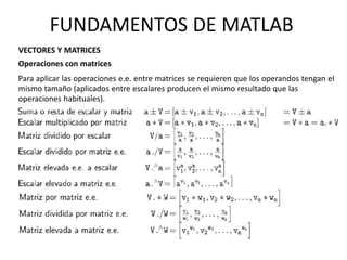 VECTORES Y MATRICES
Operaciones con matrices
Para aplicar las operaciones e.e. entre matrices se requieren que los operandos tengan el
mismo tamaño (aplicados entre escalares producen el mismo resultado que las
operaciones habituales).
FUNDAMENTOS DE MATLAB
 