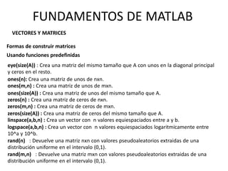 VECTORES Y MATRICES
Formas de construir matrices
Usando funciones predefinidas
eye(size(A)) : Crea una matriz del mismo tamaño que A con unos en la diagonal principal
y ceros en el resto.
ones(n): Crea una matriz de unos de nxn.
ones(m,n) : Crea una matriz de unos de mxn.
ones(size(A)) : Crea una matriz de unos del mismo tamaño que A.
zeros(n) : Crea una matriz de ceros de nxn.
zeros(m,n) : Crea una matriz de ceros de mxn.
zeros(size(A)) : Crea una matriz de ceros del mismo tamaño que A.
linspace(a,b,n) : Crea un vector con n valores equiespaciados entre a y b.
logspace(a,b,n) : Crea un vector con n valores equiespaciados logaritmicamente entre
10^a y 10^b.
rand(n) : Devuelve una matriz nxn con valores pseudoaleatorios extraidas de una
distribución uniforme en el intervalo (0,1).
rand(m,n) : Devuelve una matriz mxn con valores pseudoaleatorios extraidas de una
distribución uniforme en el intervalo (0,1).
FUNDAMENTOS DE MATLAB
 