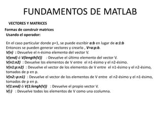 VECTORES Y MATRICES
Formas de construir matrices
Usando el operador:
En el caso particular donde p=1, se puede escribir a:b en lugar de a:1:b
Entonces se pueden generar vectores y crearlo , V=a:p:b.
V(n) : Devuelve el n-ésimo elemento del vector V.
V(end) ó V(length(V)) : Devuelve el último elemento del vector V.
V(n1:n2) : Devuelve los elementos de V entre el n1-ésimo y el n2-ésimo.
V(n1:p:n2) : Devuelve el vector de los elementos de V entre el n1-ésimo y el n2-ésimo,
tomados de p en p.
V(n2:-p:n1) : Devuelve el vector de los elementos de V entre el n2-ésimo y el n1-ésimo,
tomados de p en p.
V(1:end) ó V(1:lengh(V)) : Devuelve el propio vector V.
V(:) : Devuelve todos los elementos de V como una ccolumna.
FUNDAMENTOS DE MATLAB
 